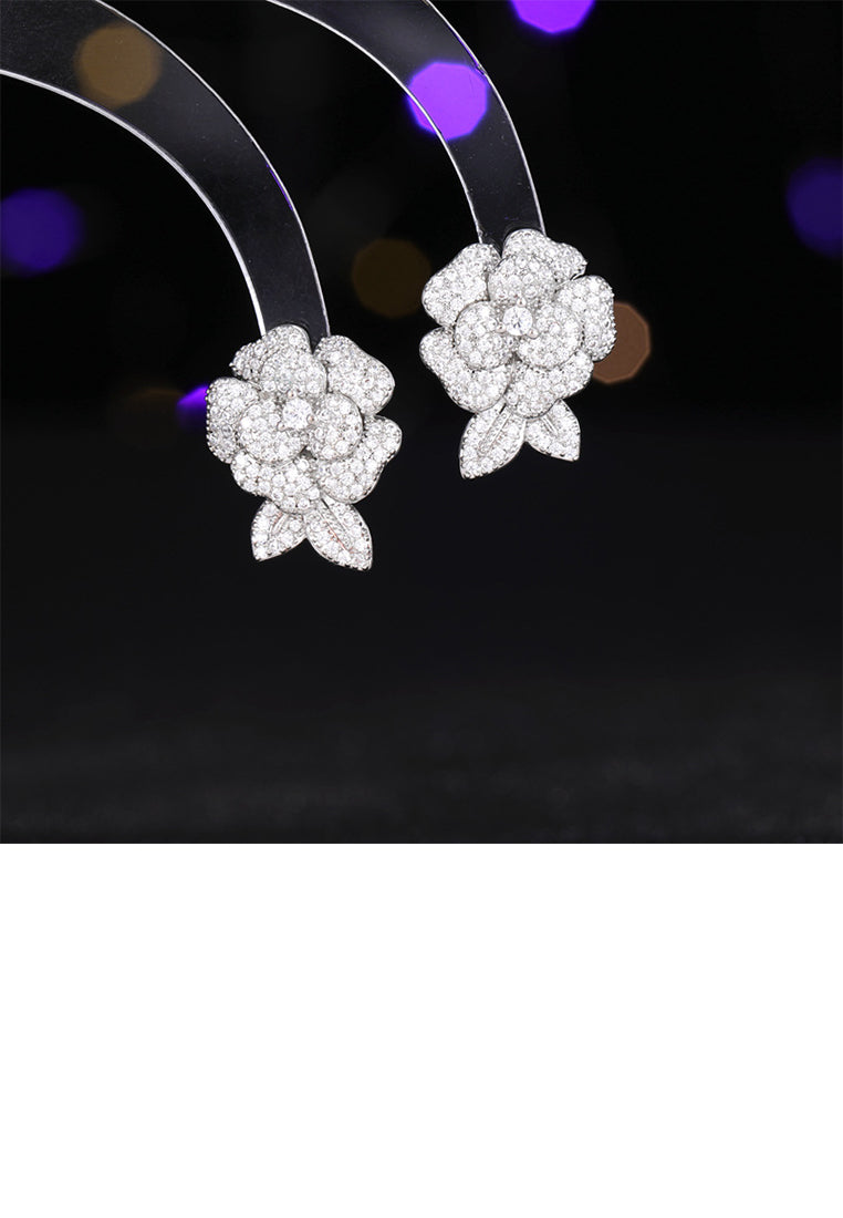 Elegant Brilliant Camellia Stud Earrings with Cubic Zirconia - Luxurious Look