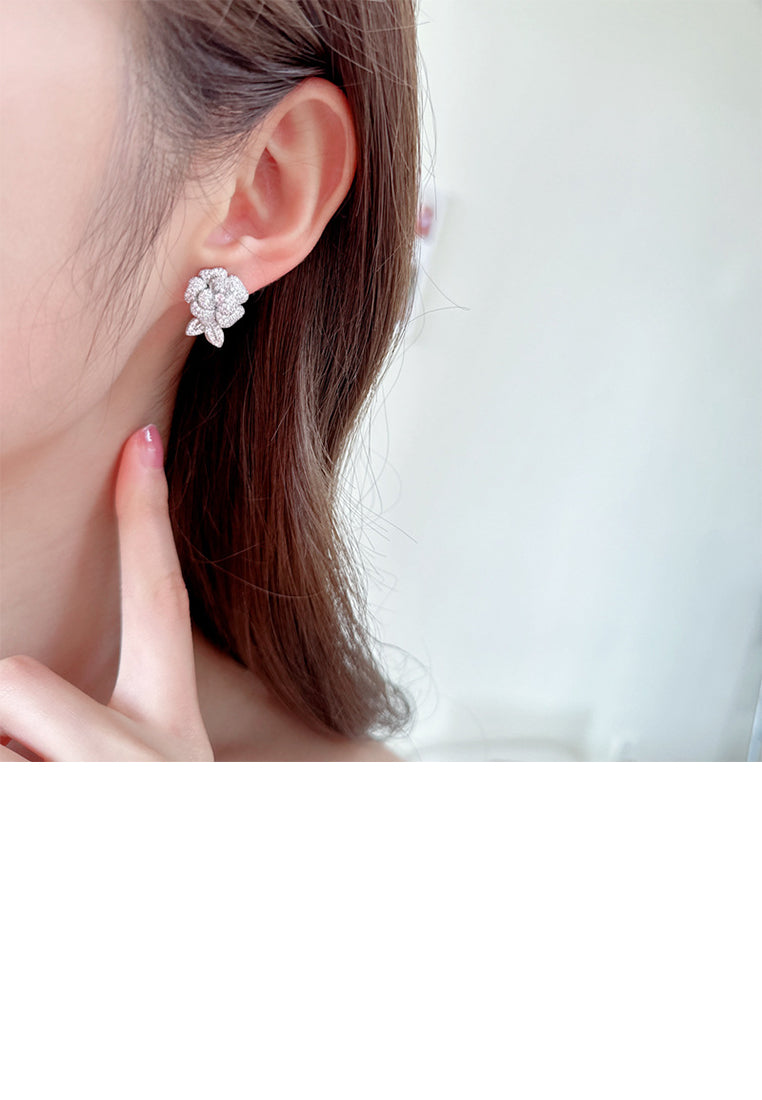 Elegant Brilliant Camellia Stud Earrings with Cubic Zirconia - Luxurious Look
