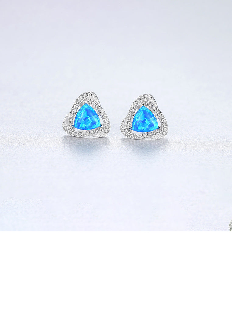 925 Sterling Silver Fashion Elegant Geometric Triangle Dark Blue Imitation Opal Stud Earrings with Cubic Zirconia - Luxurious Look