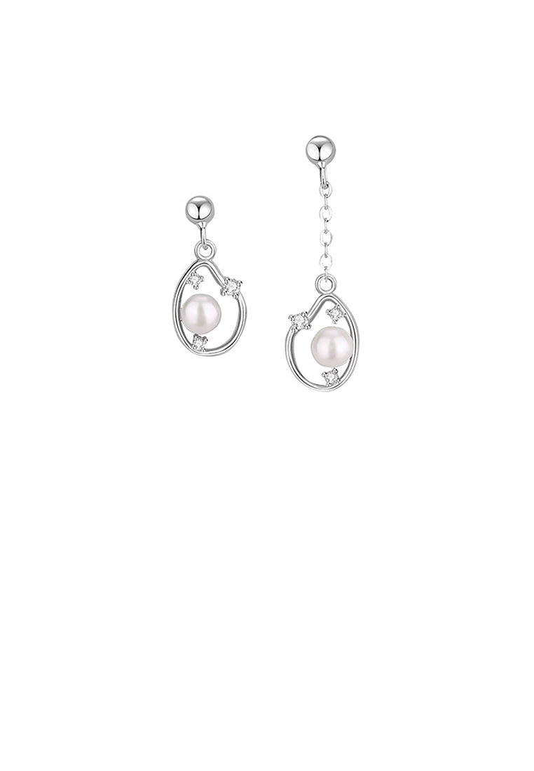 925 Sterling Silver Fashion Simple Asymmetrical Water Drop Shape Imitation Pearl Tassel Earrings with Cubic Zirconia - Luxurious Look
