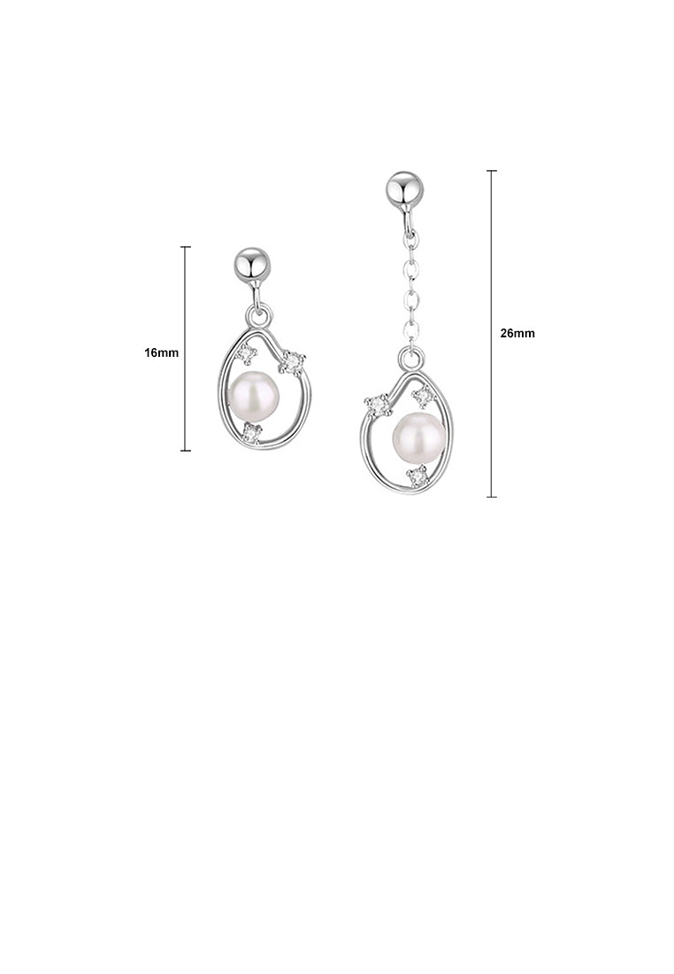 925 Sterling Silver Fashion Simple Asymmetrical Water Drop Shape Imitation Pearl Tassel Earrings with Cubic Zirconia - Luxurious Look