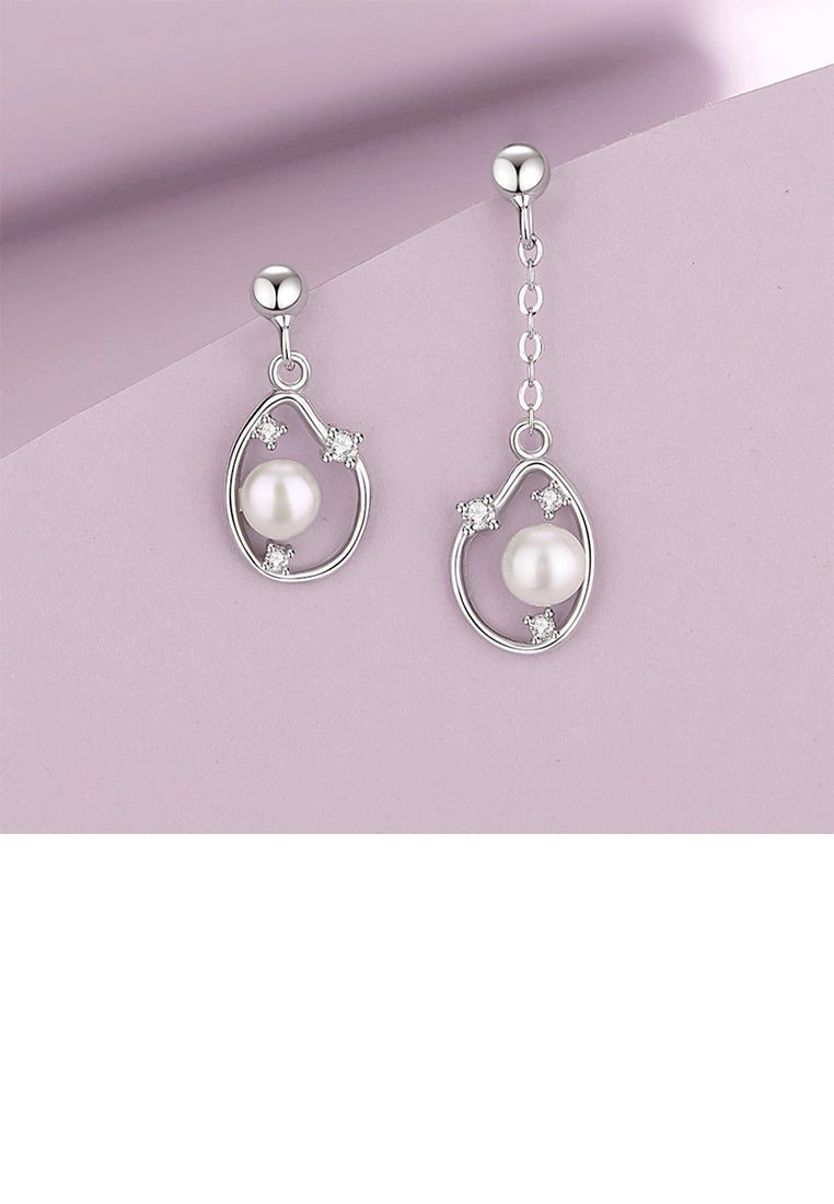 925 Sterling Silver Fashion Simple Asymmetrical Water Drop Shape Imitation Pearl Tassel Earrings with Cubic Zirconia - Luxurious Look