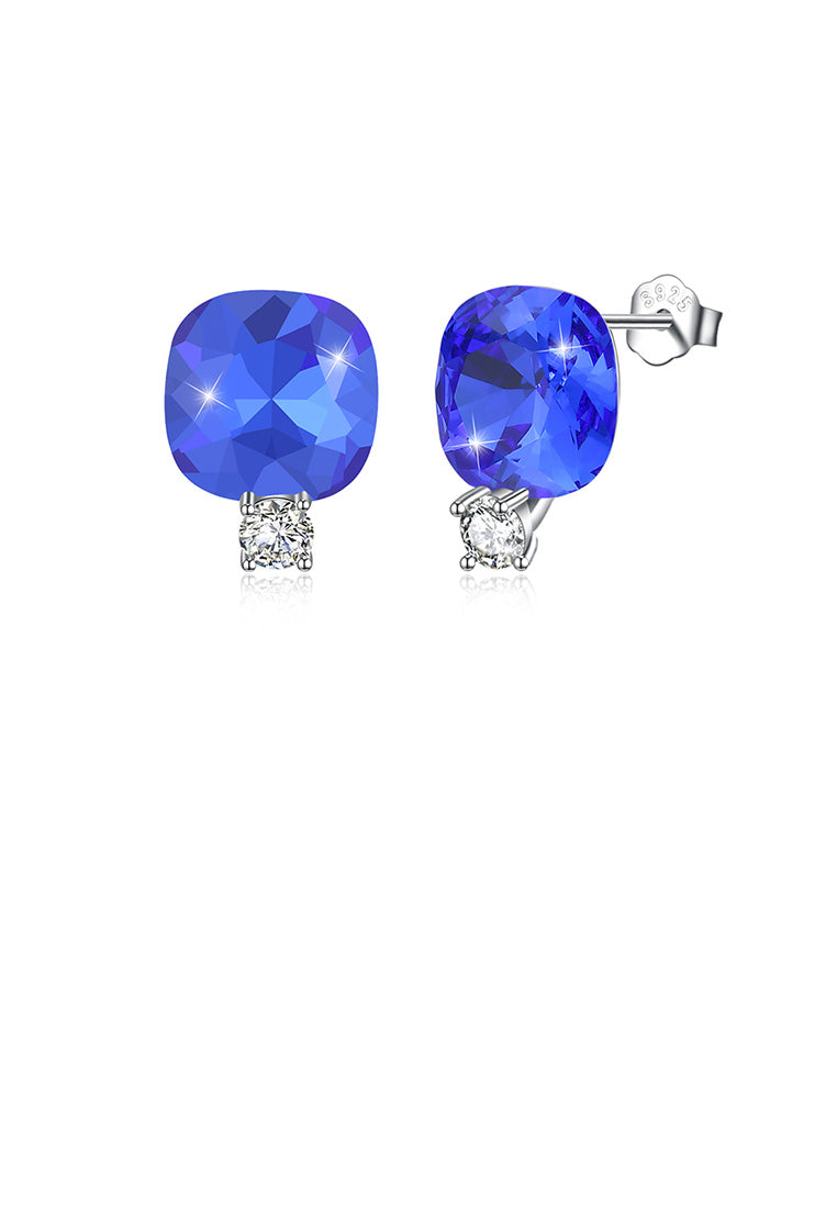 925 Sterling Silver Fashion Simple Geometric Square Stud Earrings with Sapphire Austrian Element Crystal
