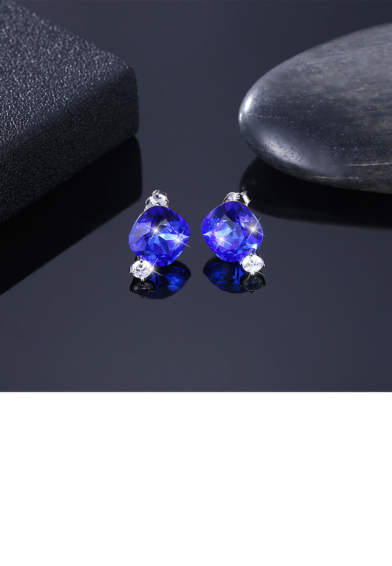 925 Sterling Silver Fashion Simple Geometric Square Stud Earrings with Sapphire Austrian Element Crystal