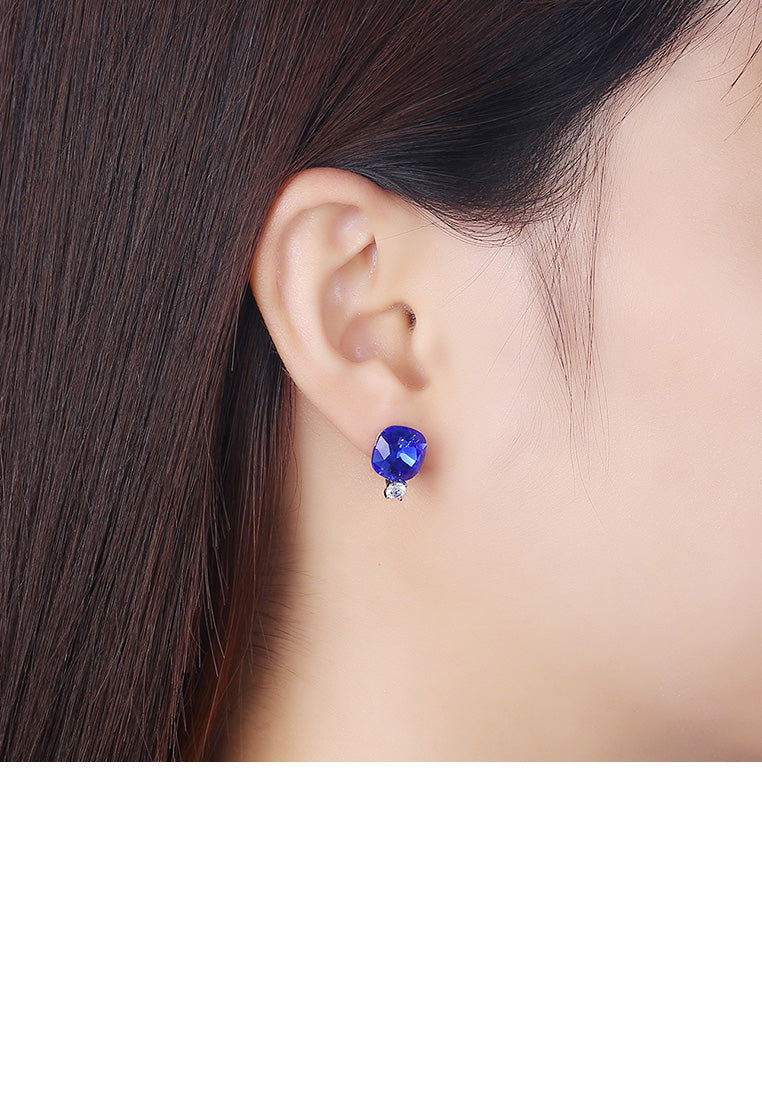 925 Sterling Silver Fashion Simple Geometric Square Stud Earrings with Sapphire Austrian Element Crystal
