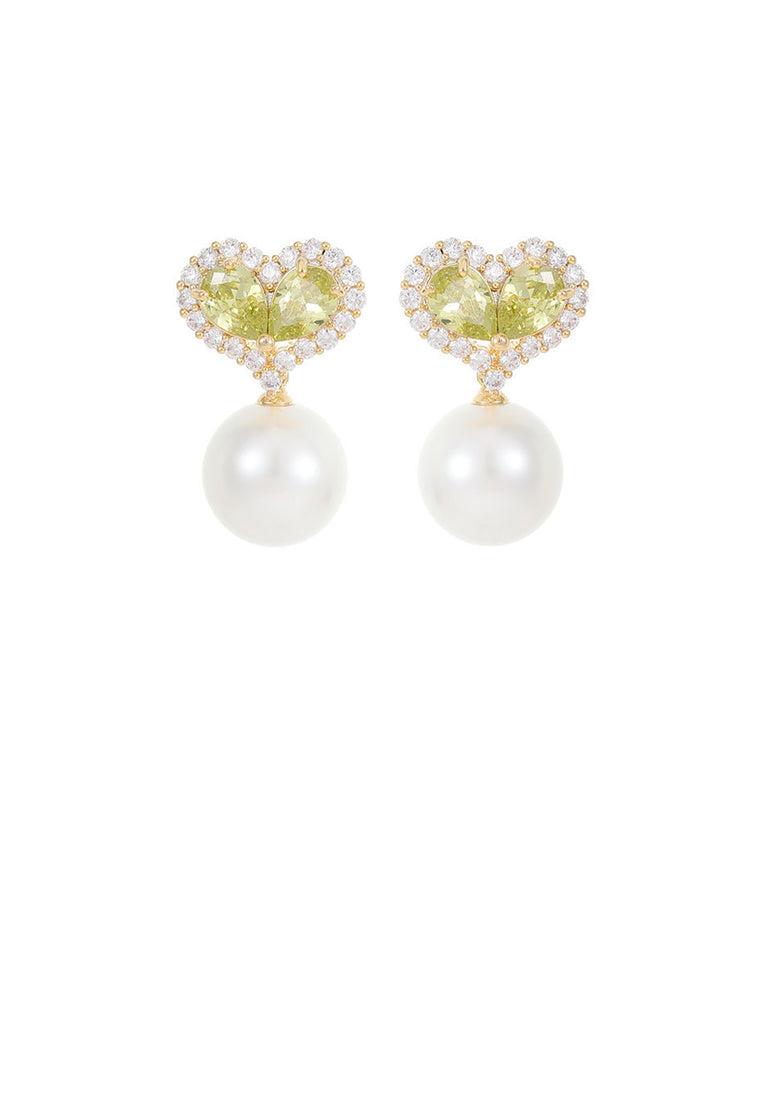 Fashion and Elegant Plated Gold Heart Imitation Pearl Stud Earrings with Green Cubic Zirconia - Luxurious Look