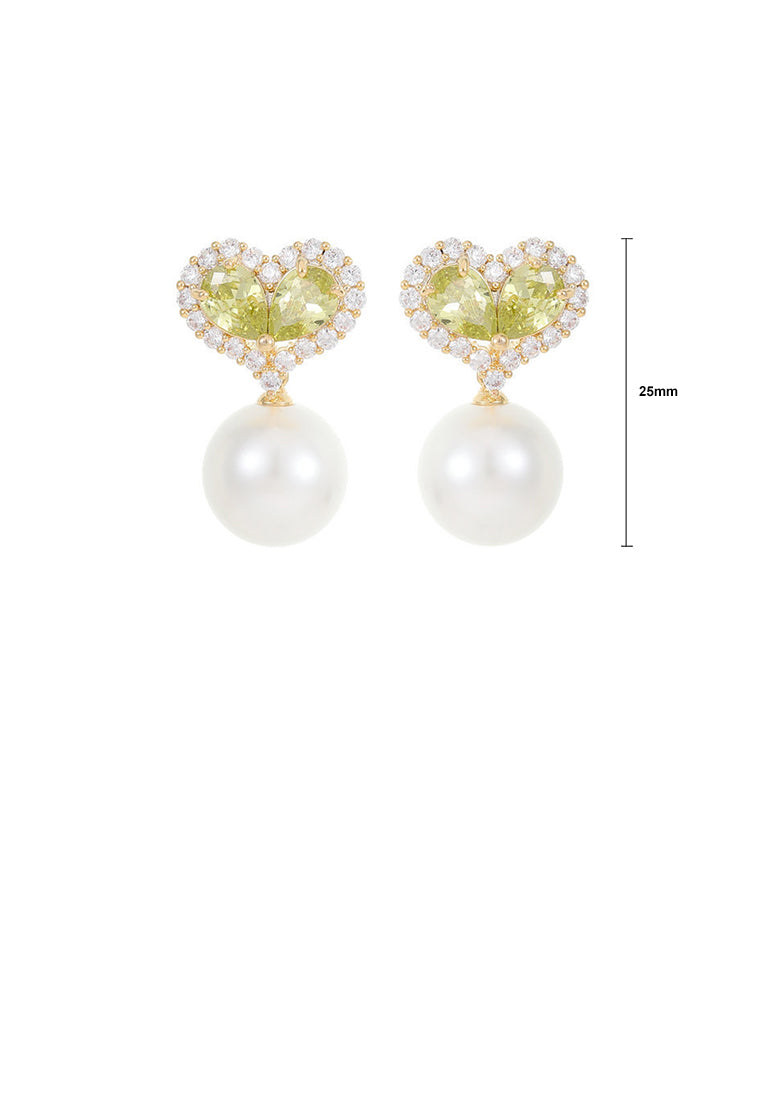 Fashion and Elegant Plated Gold Heart Imitation Pearl Stud Earrings with Green Cubic Zirconia - Luxurious Look