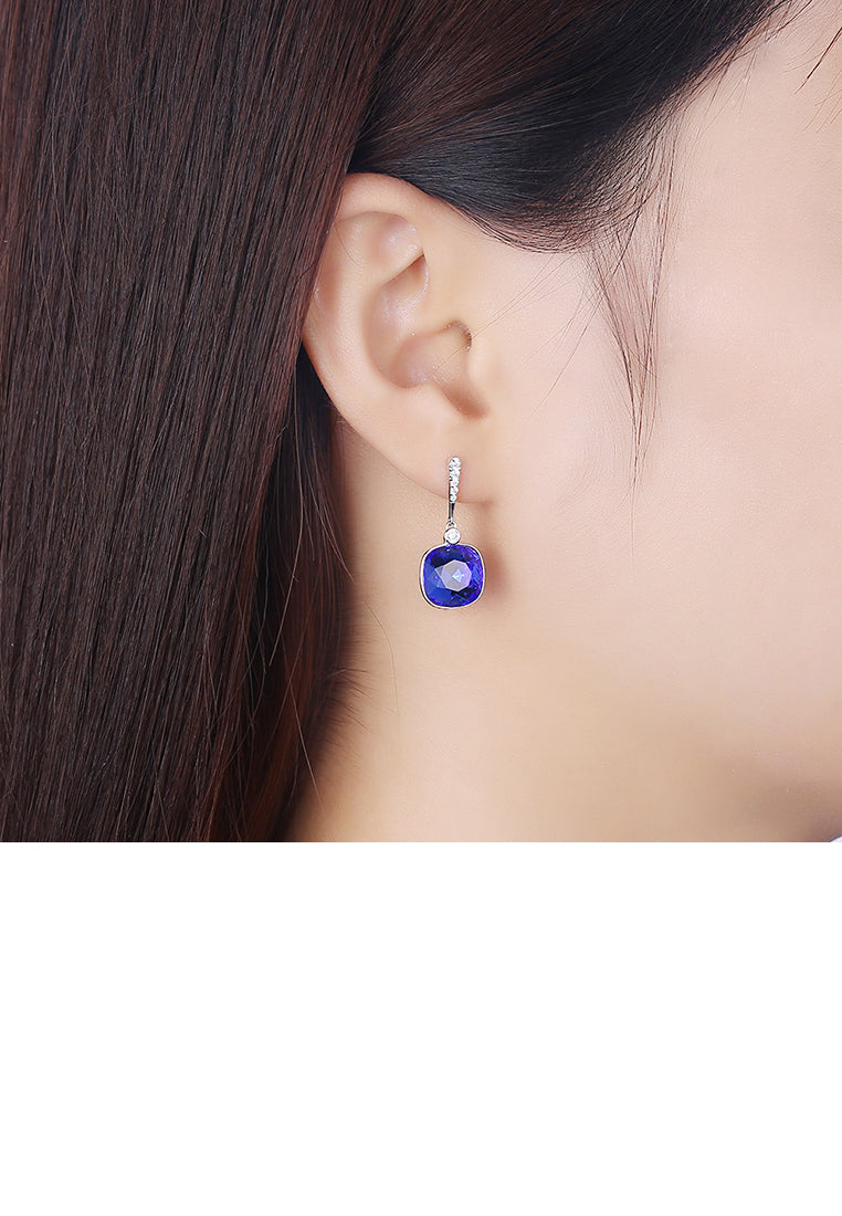 925 Sterling Silver Elegant Fashion Simple Sparkling Sapphire Blue Austrian element Crystal Earrings