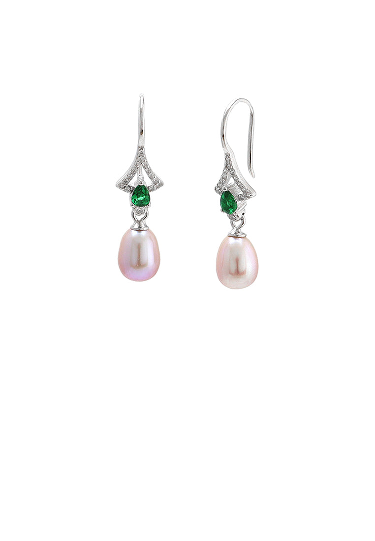 925 Sterling Silver Fashion and Elegant Geometric Purple Freshwater Pearl Earrings with Green Cubic Zirconia - Luxurious Look