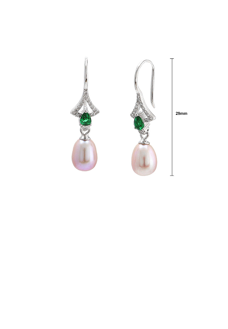 925 Sterling Silver Fashion and Elegant Geometric Purple Freshwater Pearl Earrings with Green Cubic Zirconia - Luxurious Look