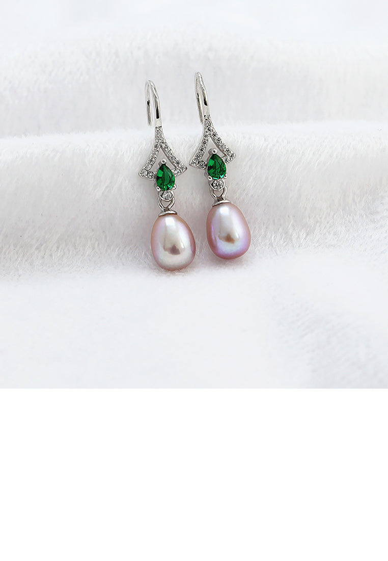 925 Sterling Silver Fashion and Elegant Geometric Purple Freshwater Pearl Earrings with Green Cubic Zirconia - Luxurious Look