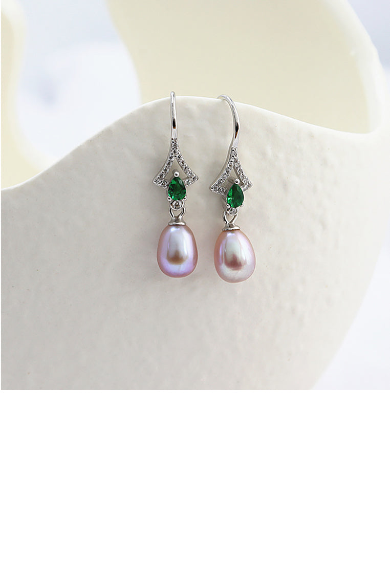 925 Sterling Silver Fashion and Elegant Geometric Purple Freshwater Pearl Earrings with Green Cubic Zirconia - Luxurious Look