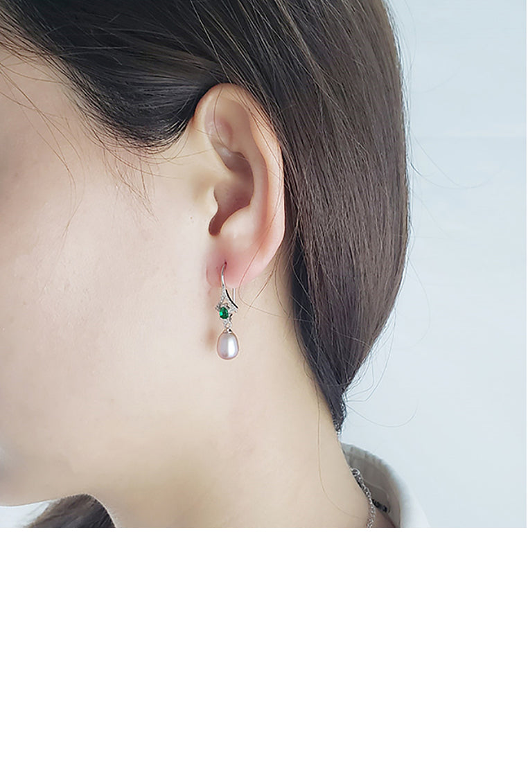 925 Sterling Silver Fashion and Elegant Geometric Purple Freshwater Pearl Earrings with Green Cubic Zirconia - Luxurious Look