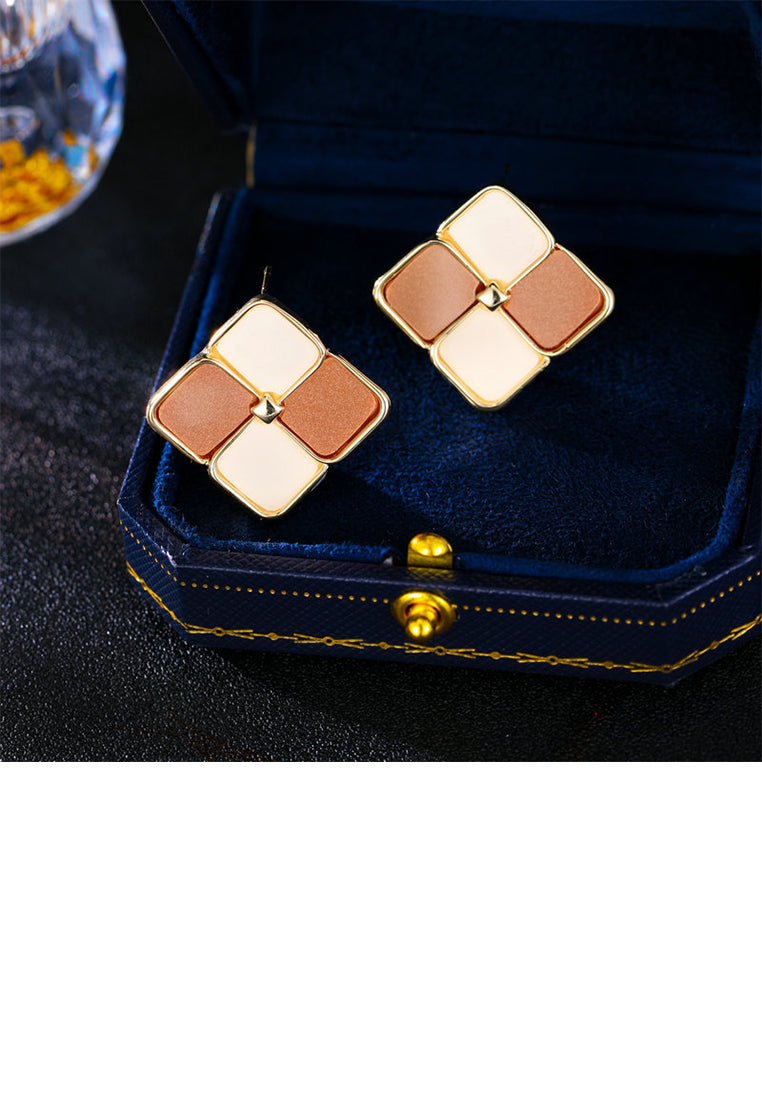 Fashion and Simple Plated Gold Geometric Rhombus Brown Square Stud Earrings - Vibrant Color