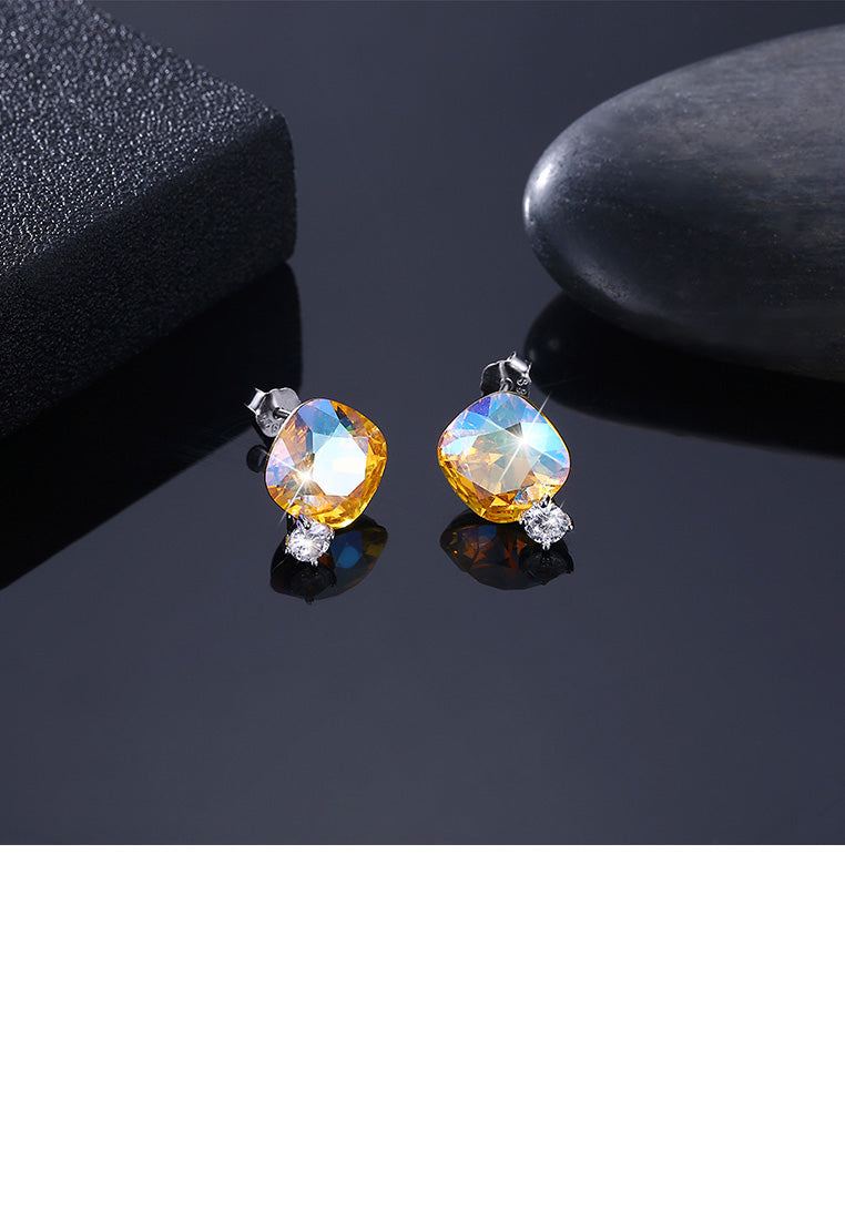 925 Sterling Silver Fashion Simple Geometric Square Stud Earrings with Gold Austrian Element Crystal