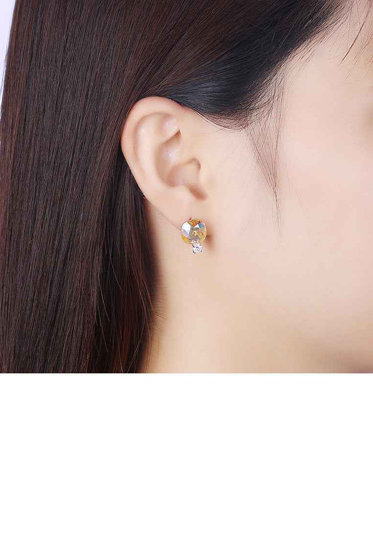 925 Sterling Silver Fashion Simple Geometric Square Stud Earrings with Gold Austrian Element Crystal