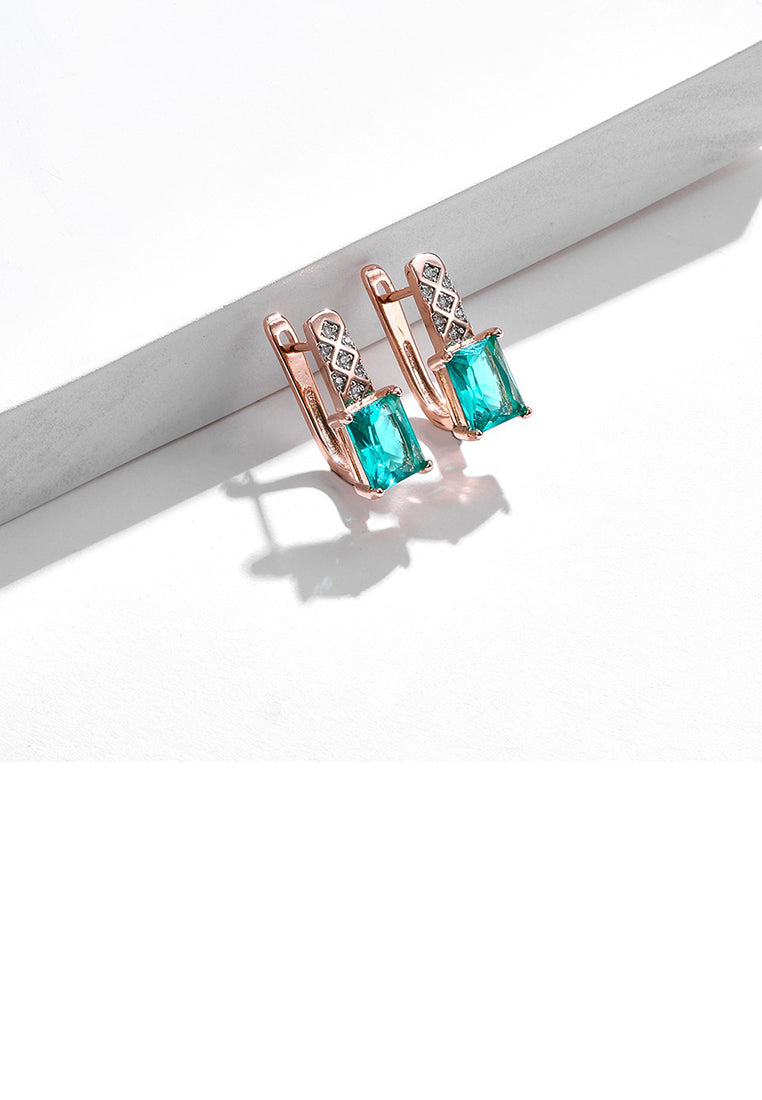 Simple and Fashion Plated Rose Gold Geometric Stud Earrings with Green Cubic Zirconia - Luxurious Look