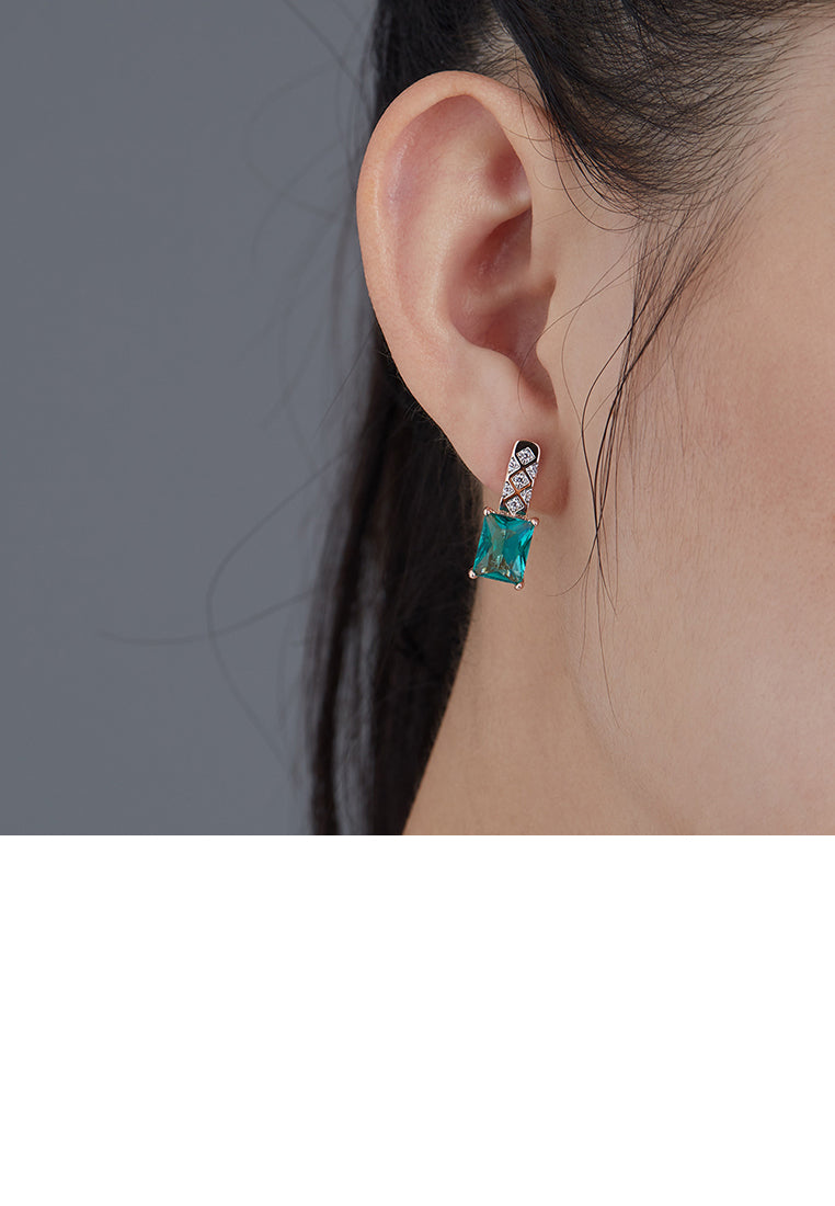 Simple and Fashion Plated Rose Gold Geometric Stud Earrings with Green Cubic Zirconia - Luxurious Look