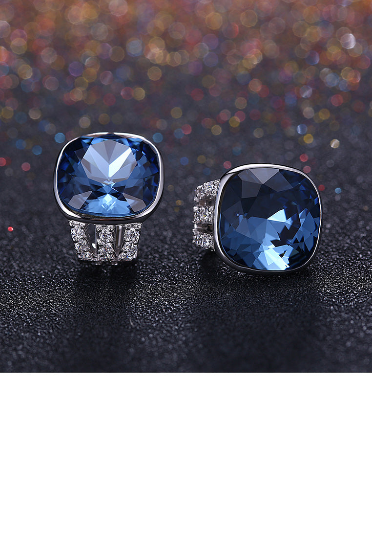 925 Sterling Silver Fashion Elegant Geometric Square Blue Austrian Element Crystal Earrings