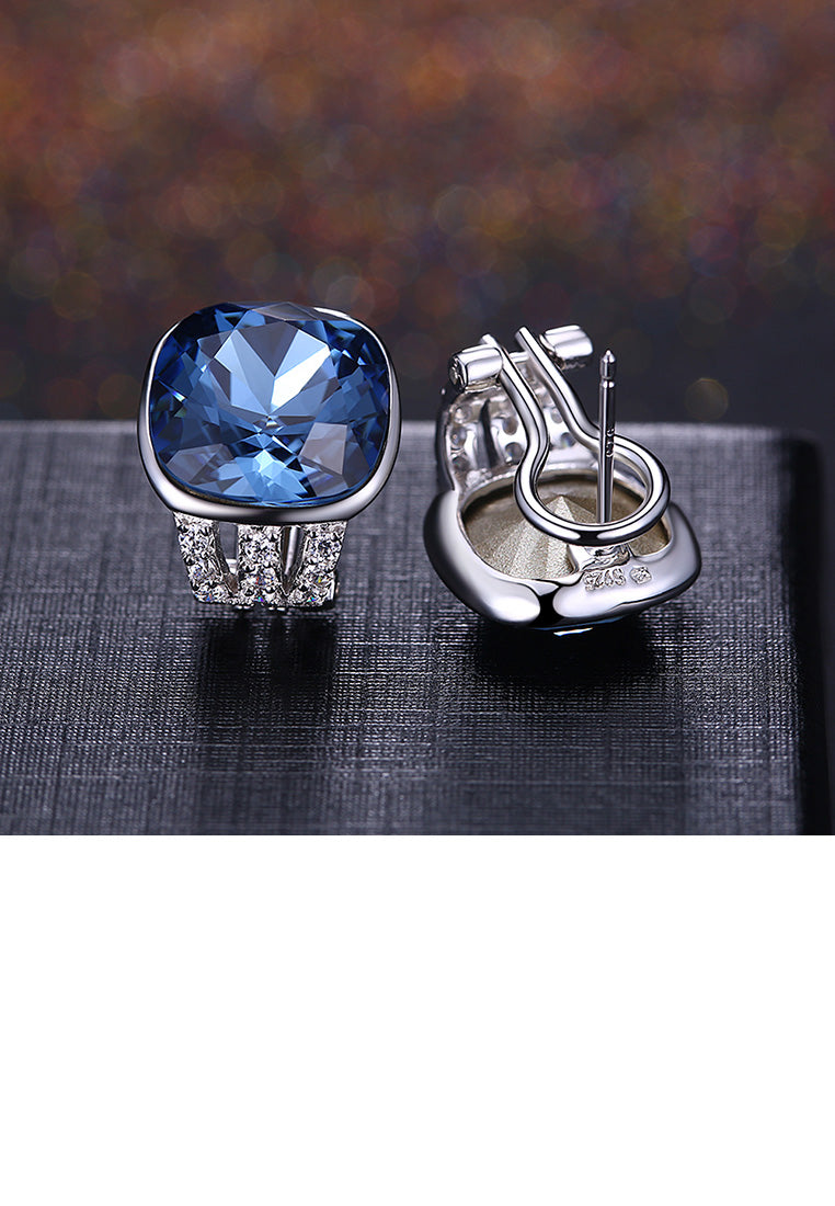 925 Sterling Silver Fashion Elegant Geometric Square Blue Austrian Element Crystal Earrings