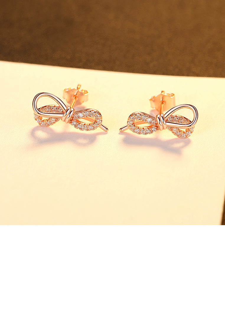 925 Sterling Silver Plated Gold Fashion Simple Ribbon Stud Earrings with Cubic Zirconia - Luxurious Look
