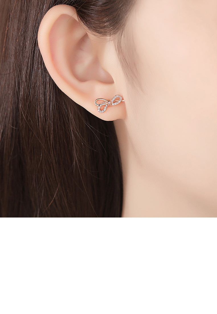 925 Sterling Silver Plated Gold Fashion Simple Ribbon Stud Earrings with Cubic Zirconia - Luxurious Look