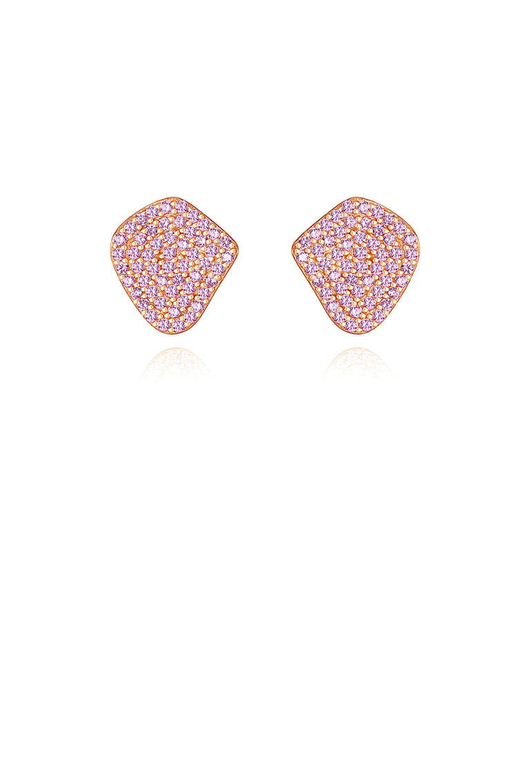 925 Sterling Silver Plated Gold Simple Bright Geometric Stud Earrings with Pink Cubic Zirconia - Luxurious Look - Vibrant Color