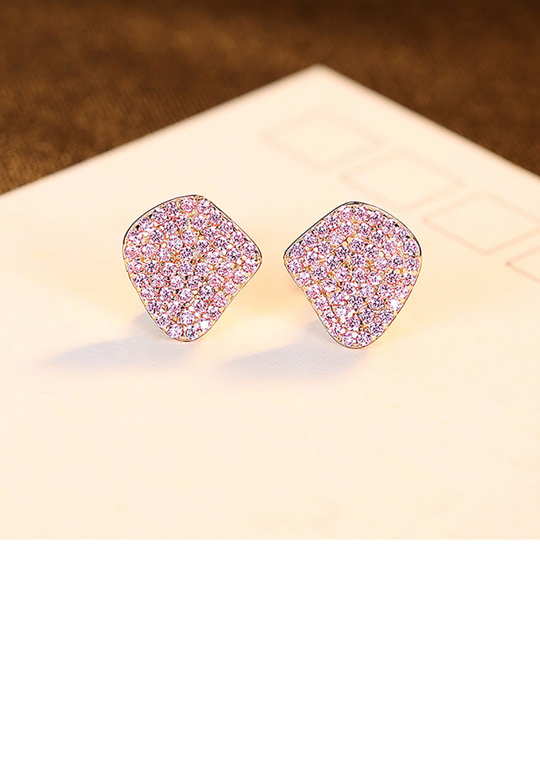 925 Sterling Silver Plated Gold Simple Bright Geometric Stud Earrings with Pink Cubic Zirconia - Luxurious Look - Vibrant Color