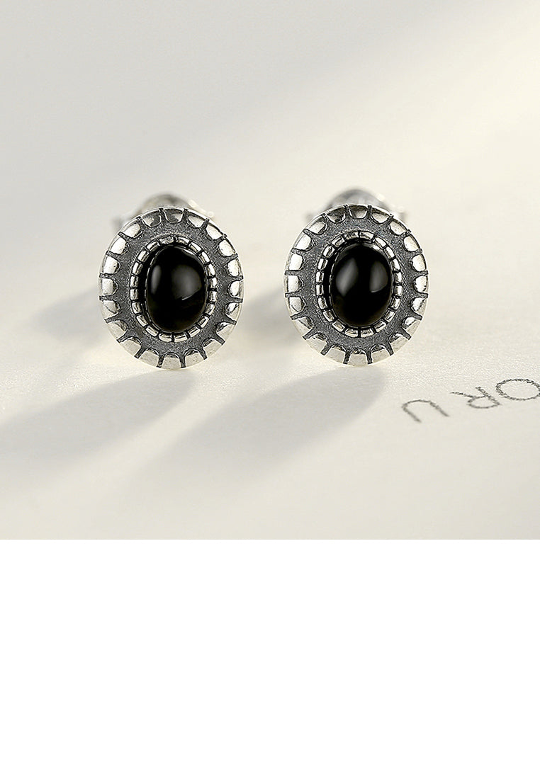 925 Sterling Silver Simple Vintage Geometric Oval Obsidian Stud Earrings
