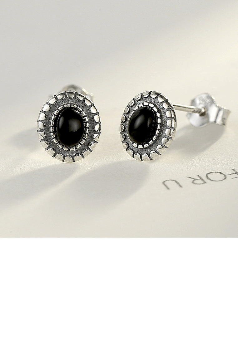925 Sterling Silver Simple Vintage Geometric Oval Obsidian Stud Earrings
