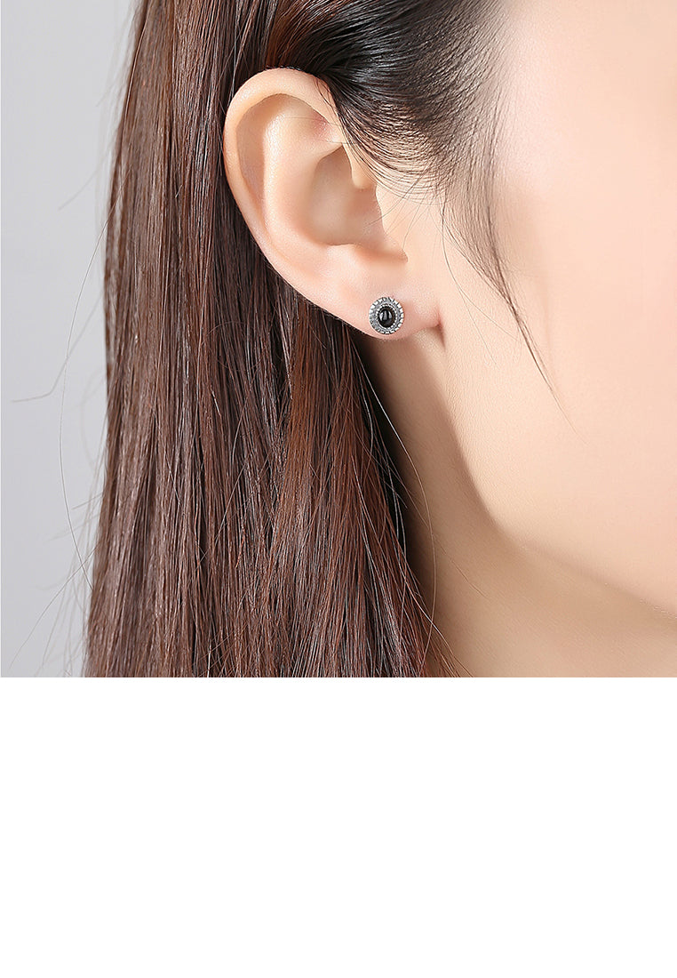 925 Sterling Silver Simple Vintage Geometric Oval Obsidian Stud Earrings
