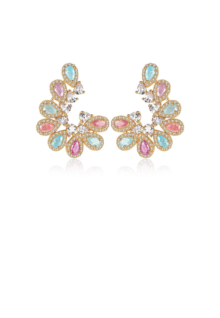 Elegant and Fashion Plated Gold Geometric Crescent Earrings with Colorful Cubic Zirconia - Luxurious Look