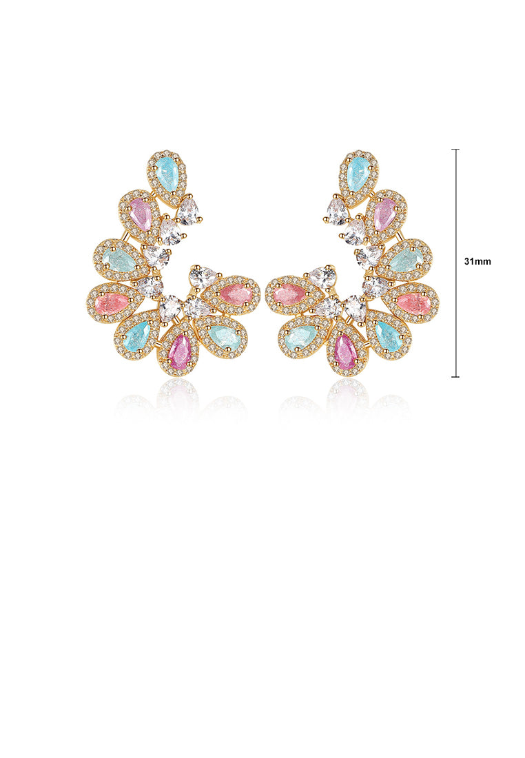 Elegant and Fashion Plated Gold Geometric Crescent Earrings with Colorful Cubic Zirconia - Luxurious Look