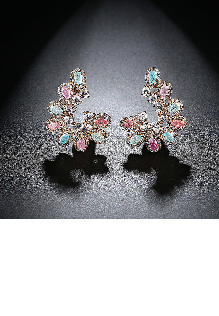 Elegant and Fashion Plated Gold Geometric Crescent Earrings with Colorful Cubic Zirconia - Luxurious Look