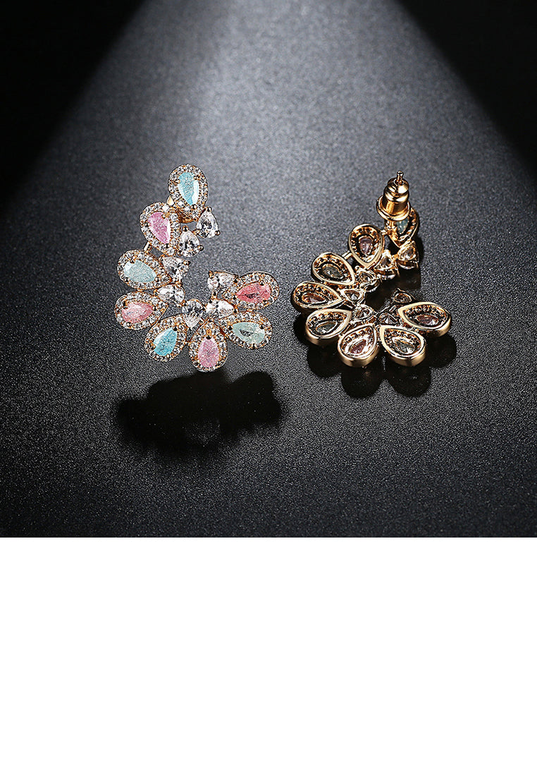 Elegant and Fashion Plated Gold Geometric Crescent Earrings with Colorful Cubic Zirconia - Luxurious Look