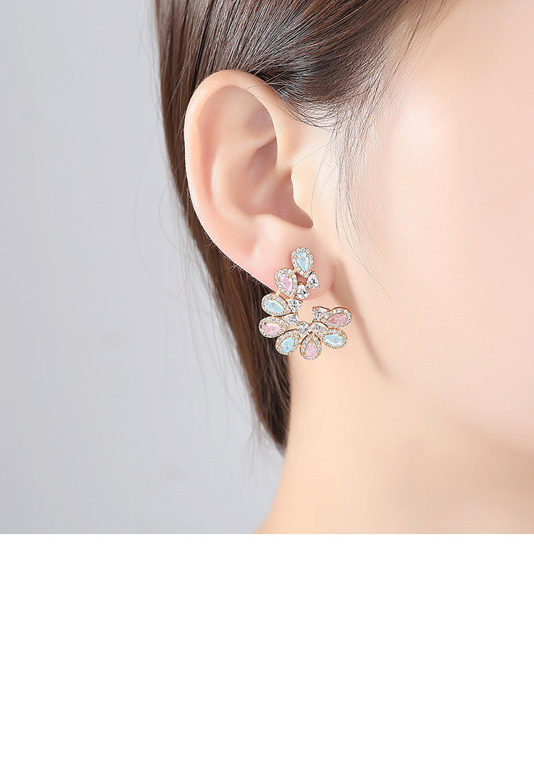 Elegant and Fashion Plated Gold Geometric Crescent Earrings with Colorful Cubic Zirconia - Luxurious Look