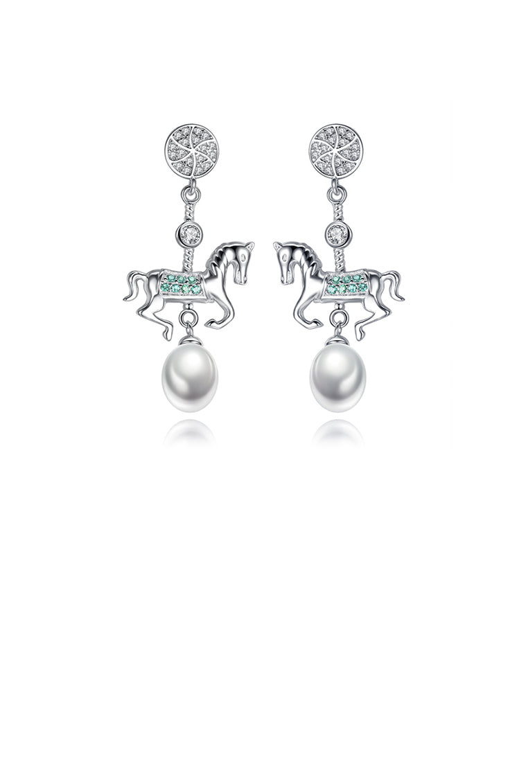 925 Sterling Silver Fashion Creative Carousel White Freshwater Pearl Earrings with Cubic Zirconia - Luxurious Look