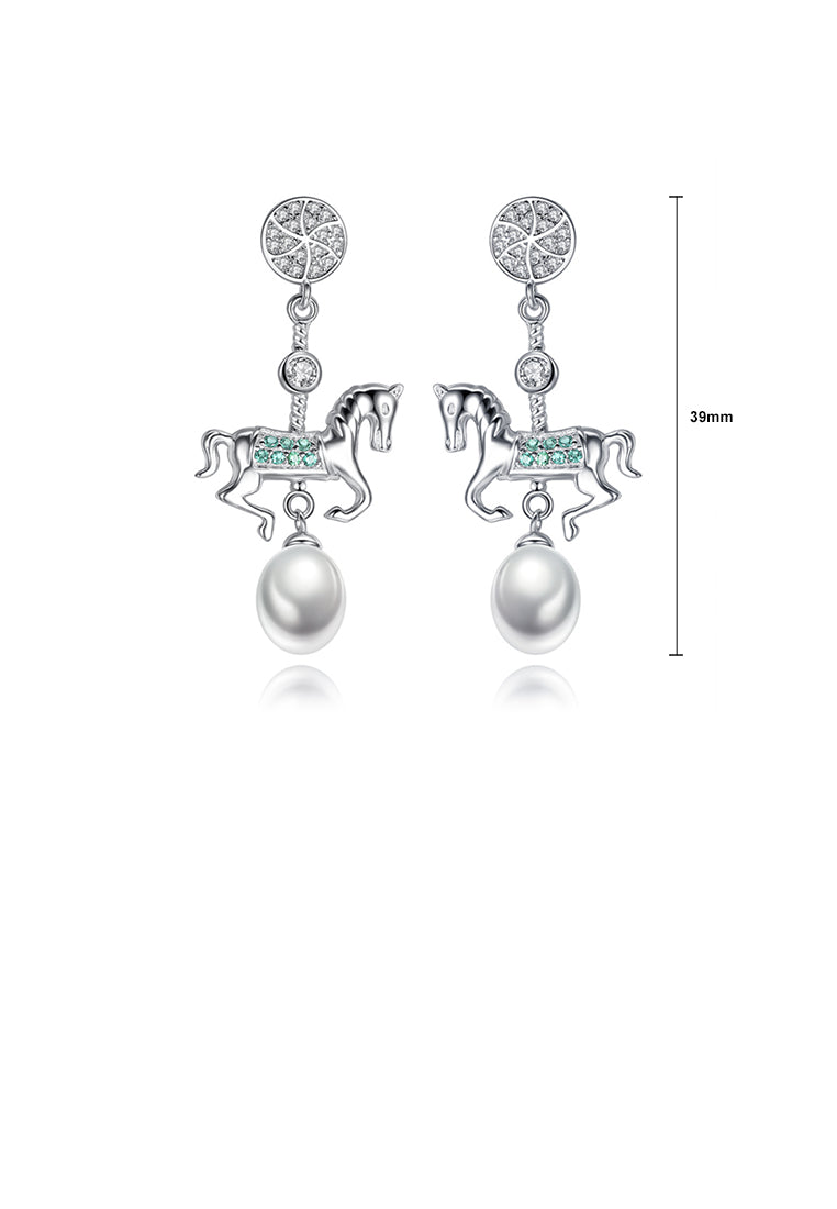 925 Sterling Silver Fashion Creative Carousel White Freshwater Pearl Earrings with Cubic Zirconia - Luxurious Look