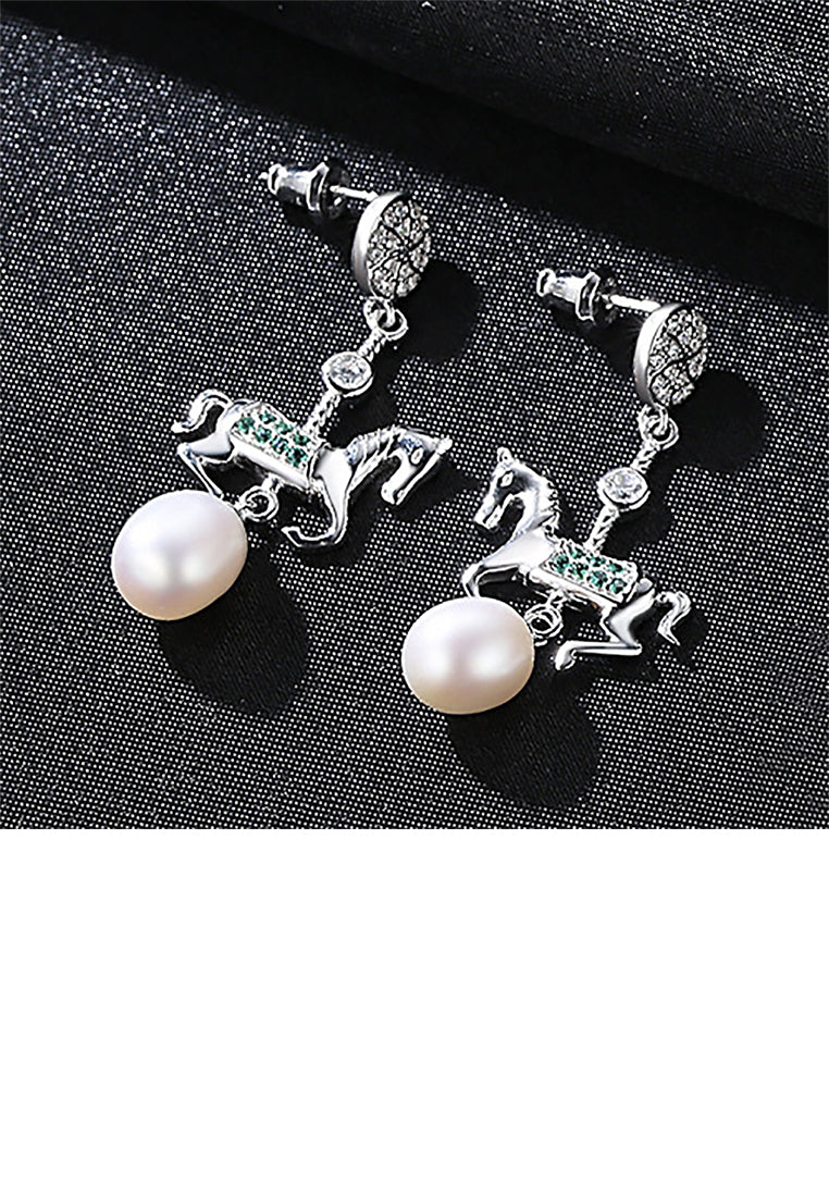 925 Sterling Silver Fashion Creative Carousel White Freshwater Pearl Earrings with Cubic Zirconia - Luxurious Look