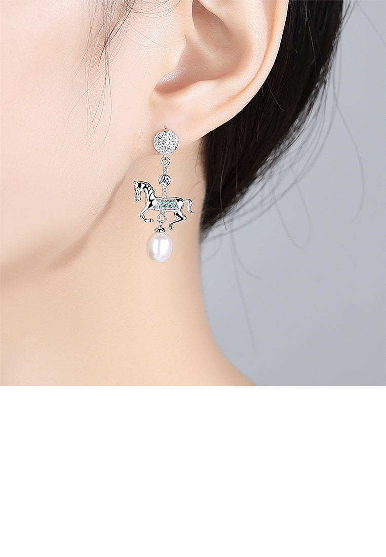 925 Sterling Silver Fashion Creative Carousel White Freshwater Pearl Earrings with Cubic Zirconia - Luxurious Look