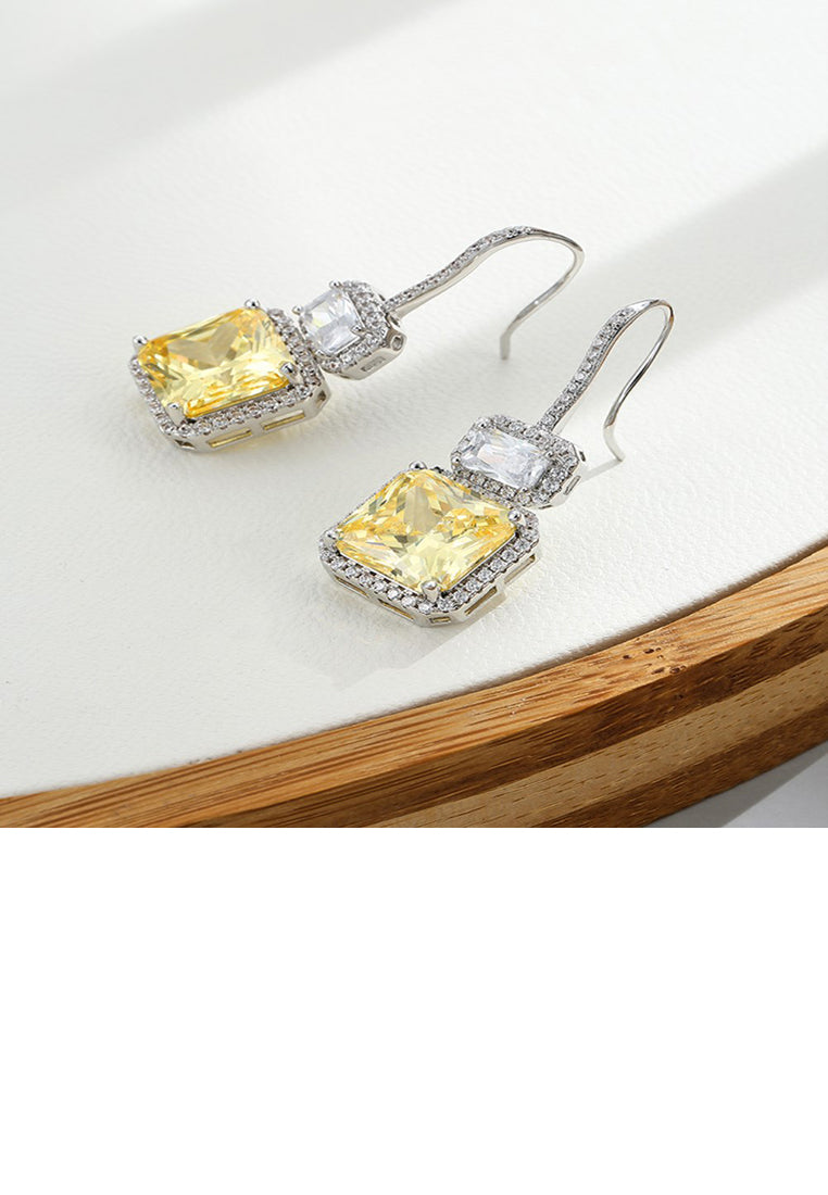 Fashion Bright Geometric Square Earrings with Yellow Cubic Zirconia - Luxurious Look