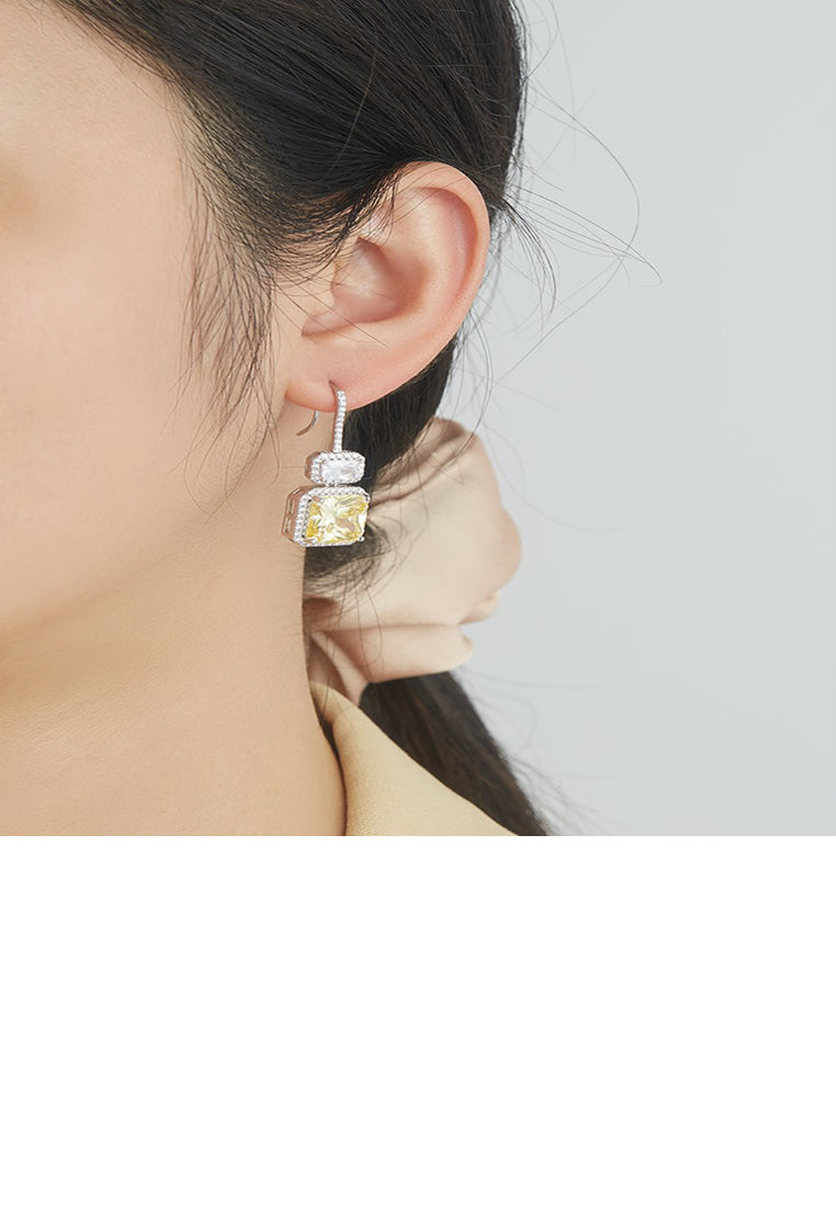 Fashion Bright Geometric Square Earrings with Yellow Cubic Zirconia - Luxurious Look