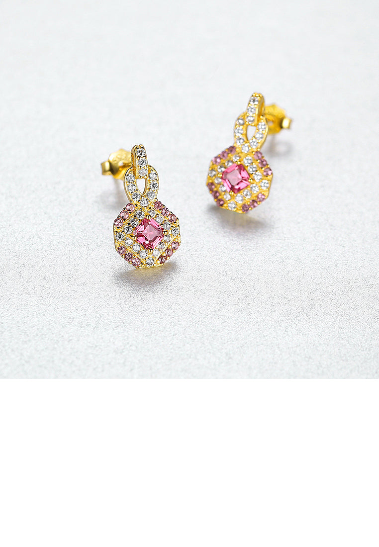 925 Sterling Silver Plated Gold Fashion Bright Geometric Diamond Earrings with Cubic Zirconia - Luxurious Look