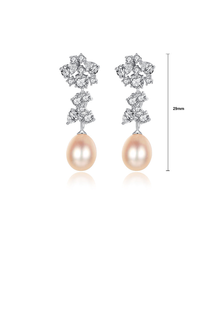 925 Sterling Silver Elegant and Bright Geometric Pink Freshwater Pearl Earrings with Cubic Zirconia - Luxurious Look - Vibrant Color