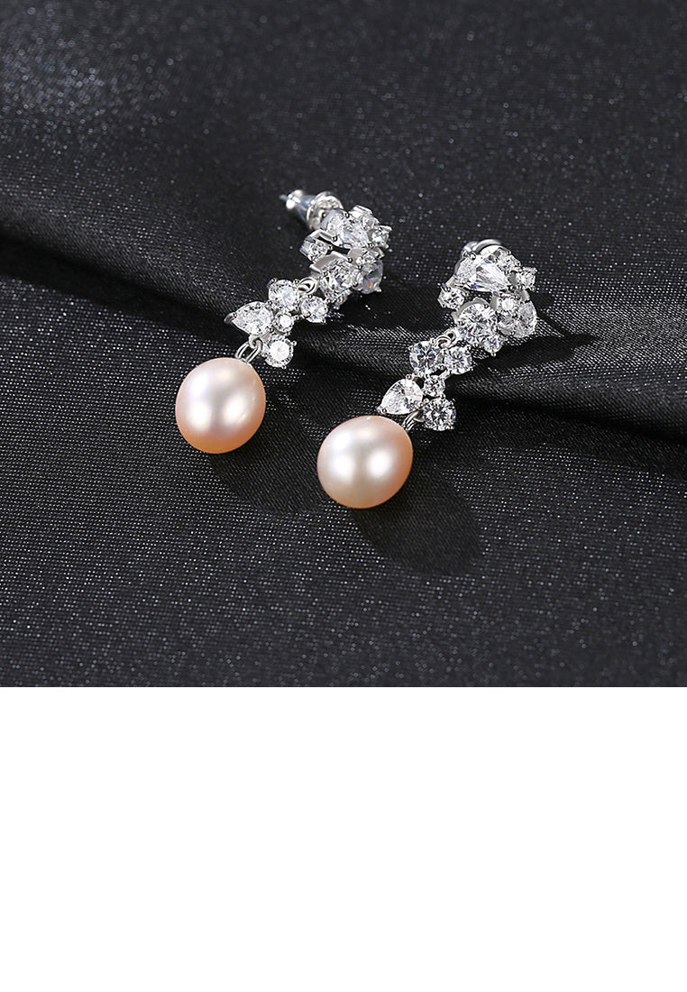 925 Sterling Silver Elegant and Bright Geometric Pink Freshwater Pearl Earrings with Cubic Zirconia - Luxurious Look - Vibrant Color