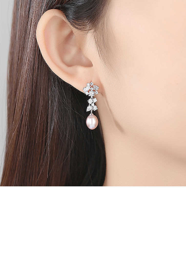 925 Sterling Silver Elegant and Bright Geometric Pink Freshwater Pearl Earrings with Cubic Zirconia - Luxurious Look - Vibrant Color