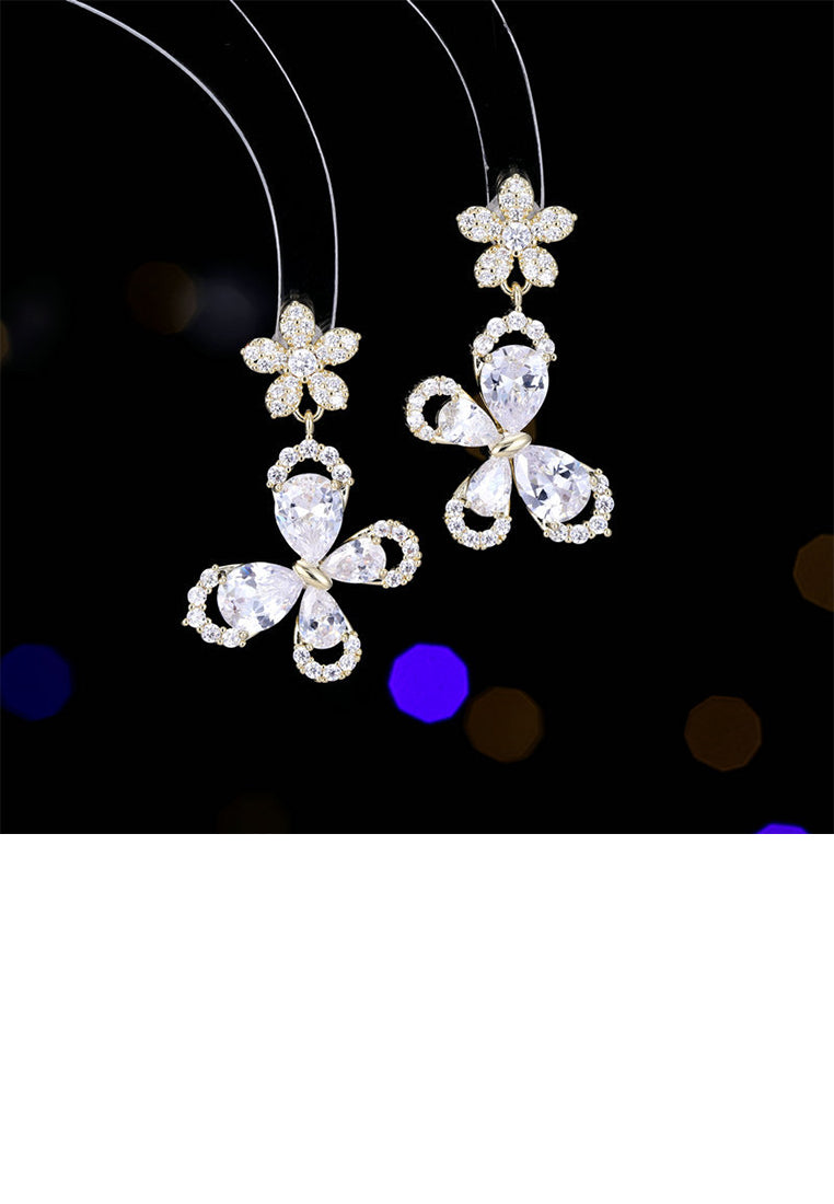Sweet Brilliant Plated Gold Flower Butterfly Stud Earrings with Cubic Zirconia - Luxurious Look