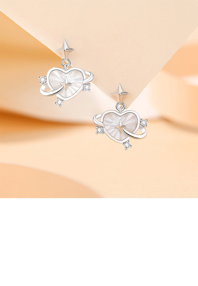 925 Sterling Silver Fashion Romantic Heart Shaped Planet Stud Earrings with Cubic Zirconia - Luxurious Look