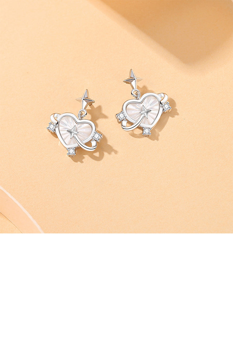 925 Sterling Silver Fashion Romantic Heart Shaped Planet Stud Earrings with Cubic Zirconia - Luxurious Look