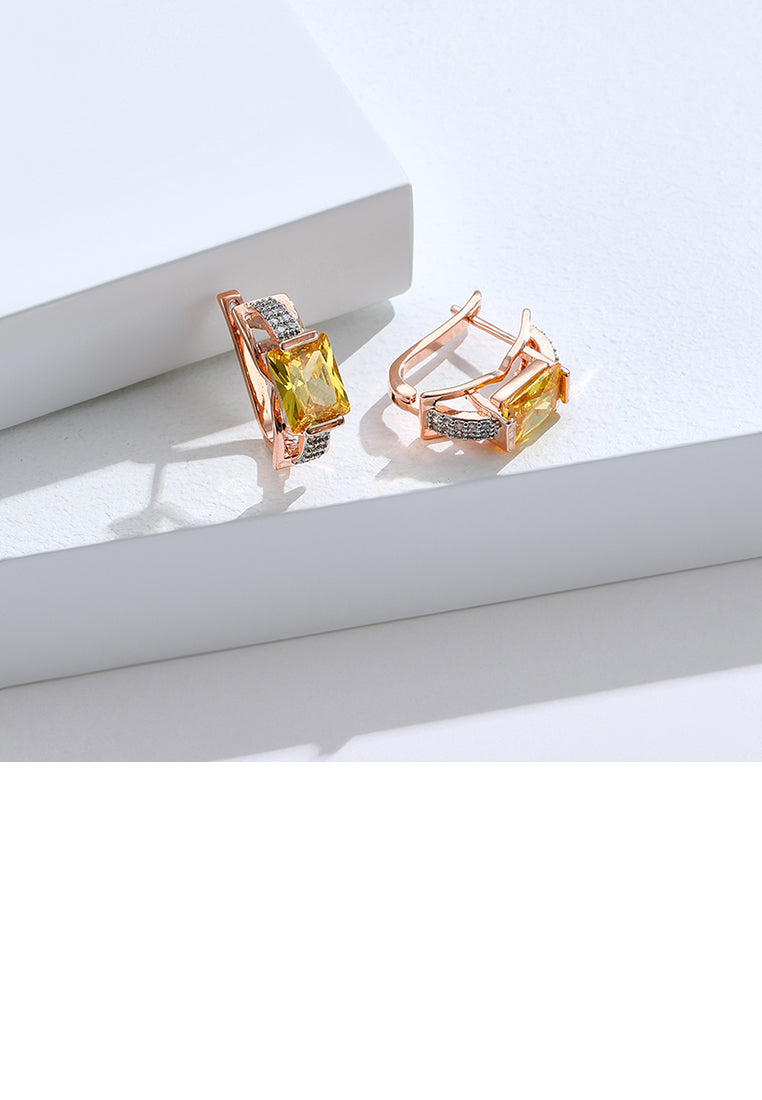 Fashion Temperament Plated Rose Gold Geometric Rectangular Earrings with Yellow Cubic Zirconia - Luxurious Look
